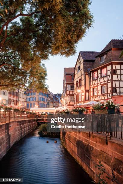 view of historic quarter with restaurants and canal, colmar, alsace, france - colmar 個照片及圖片檔