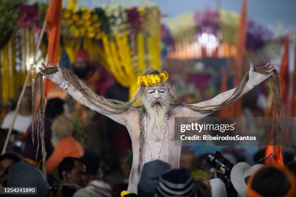 oude naga sadhu die zijn lange dreadlocks tentoonstelt - kumbh mela at allahabad stockfoto's en -beelden