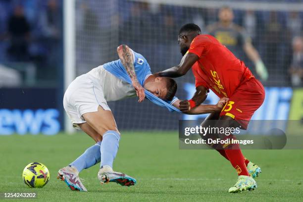 Sergej Milinkovic-Savic of SS Lazio and Samuel Umtiti of US Lecce battle for the ball during the Serie A match between SS Lazio and US Lecce at...