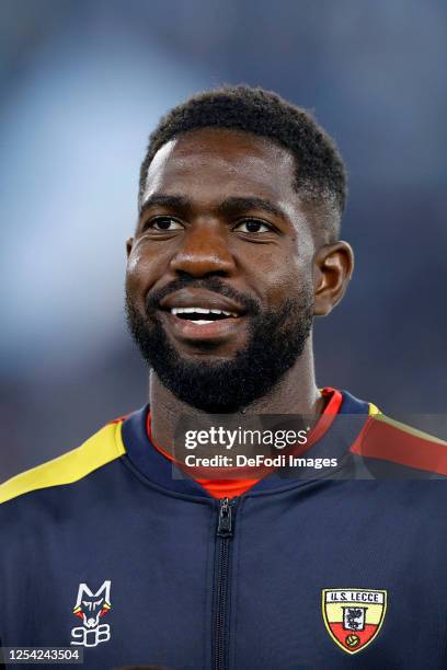 Samuel Umtiti of US Lecce looks on prior to the Serie A match between SS Lazio and US Lecce at Stadio Olimpico on May 12, 2023 in Rome, Italy.