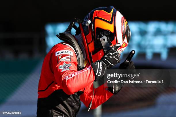 Race winner Callum Ilott of Great Britain and UNI-Virtuosi Racing celebrates in parc ferme during the feature race for the Formula 2 Championship at...