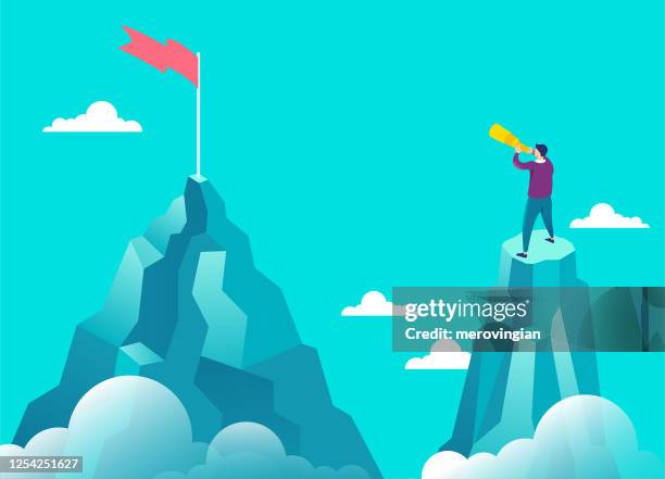 businessman holding a telescope looking at the flag - distant stock illustrations