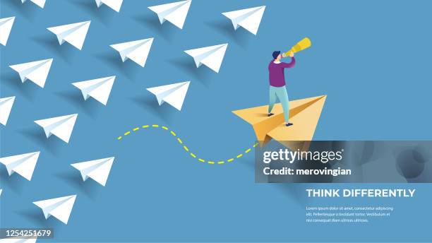 businessman standing on a paper airplane flying to the sky - initiative stock illustrations