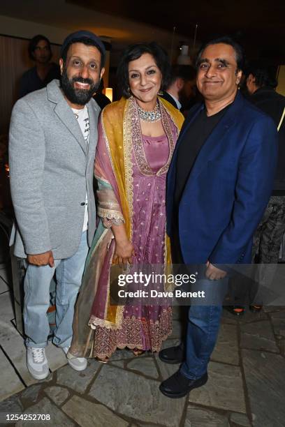 Adeel Akhtar, Meera Syal and Sanjeev Bhaskar attend a party to celebrate Meera Syal being awarded the BAFTA Fellowship at The Hoxton, Holborn, on May...