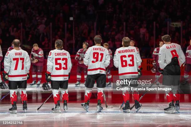From left to right_ Brad Hunt of Canada, Michael Carcone of Canada, Adam Fantilli of Canada, Jake Neighbours of Canada and Cody Glass of Canada at...