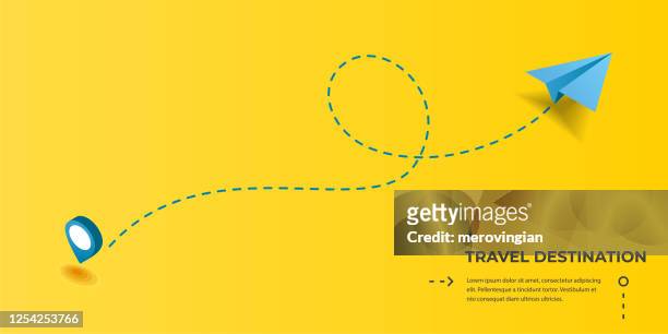 dotted route track with paper plane and pin. flight, vacation, holiday, traveling, business or tourism trip - travel destinations stock illustrations