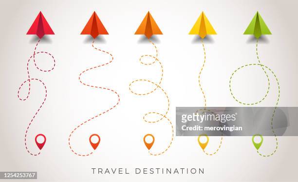 colorful paper airplanes flying on route - single track stock illustrations