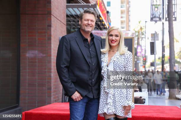 Blake Shelton and Gwen Stefani at the star ceremony where Blake Shelton is honored with a star on the Hollywood Walk of Fame on May 12, 2023 in Los...