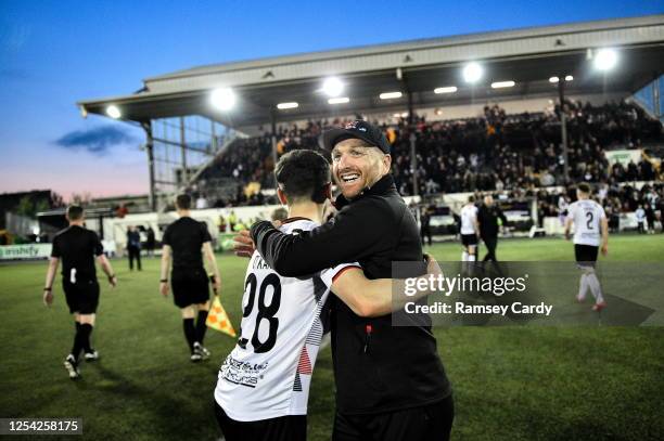 Louth , Ireland - 12 May 2023; Dundalk head coach Stephen O'Donnell celebrates after the SSE Airtricity Men's Premier Division match between Dundalk...