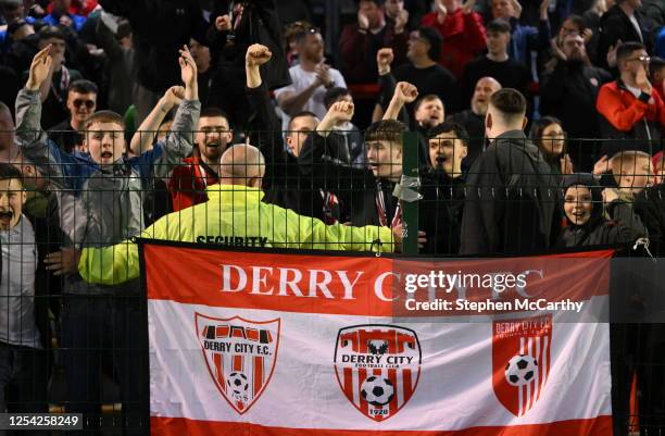 Dublin , Ireland - 12 May 2023; Derry City supporters celebrate after the SSE Airtricity Men's Premier Division match between Bohemians and Derry...