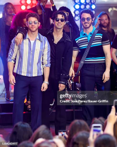 Nick Jonas, Joe Jonas and Kevin Jonas of 'Jonas Brothers' are seen during a performance for the Citi Concert Series at the 'Today' Show on May 12,...