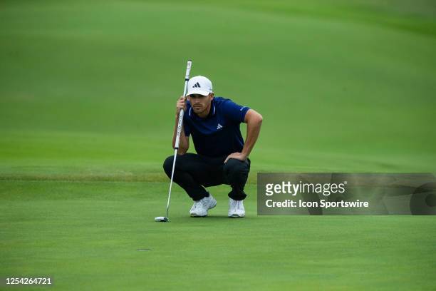 Aaron Wise of United State lines up his putt on hole 16 during the first round of the AT&T Byron Nelson on May 11 at TPC Craig Ranch in McKinney,...