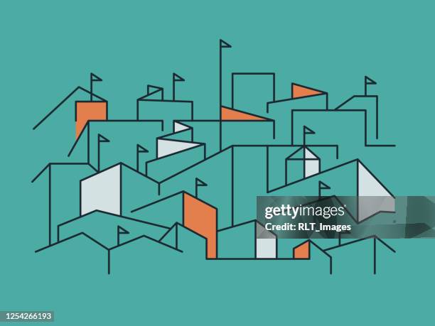 illustrations, cliparts, dessins animés et icônes de illustration de monoline maze ville avec des drapeaux - chasse au trésor