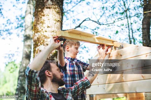 father and son building tree house at backyard - family garden play area stock pictures, royalty-free photos & images