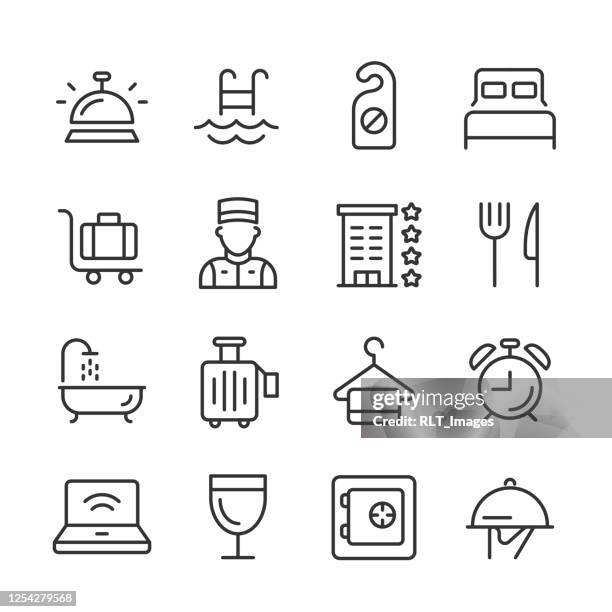 stockillustraties, clipart, cartoons en iconen met hoteliconen — monoline-serie - hotel reception