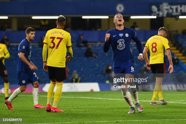 Ross Barkley of Chelsea celebrates after scoring his team's third goal during the Premier League match between Chelsea FC and Watford FC at Stamford...