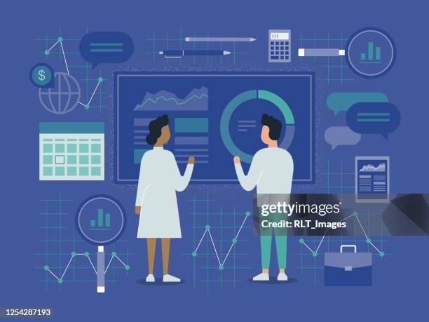 illustration of two business colleagues analyzing financial data - planning using tablet stock illustrations