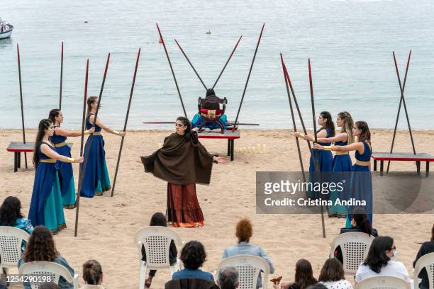 The theatre company Noite Bohemia performs the play "Electra" by Sophocles on the beach of San Amaro on July 04, 2020 in A Coruña, Spain. Safety has...
