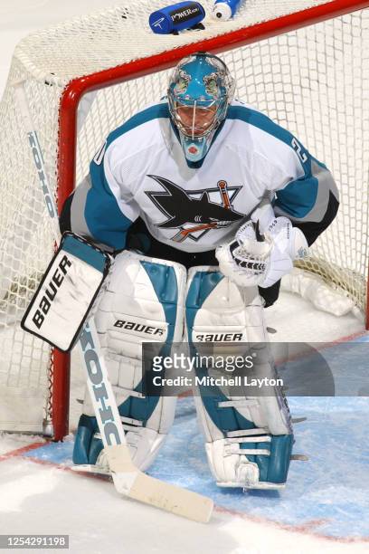 Evgeni Nabokov of the San Jose Sharks in position during a NHL hockey game against the Washington Capitals at MCI Center on November 23, 2003 in...