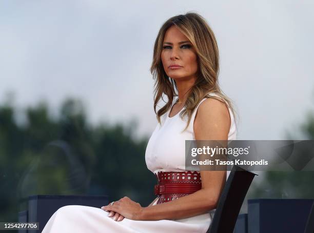 First Lady Melania Trump attends an event on the South Lawn of the White House on July 04, 2020 in Washington, DC. President Trump is hosting a...