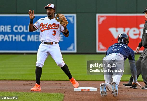 May 10: Tampa Bay Rays shortstop Wander Franco steals second base as Baltimore Orioles shortstop Jorge Mateo waits during the Tampa Bay Rays versus...