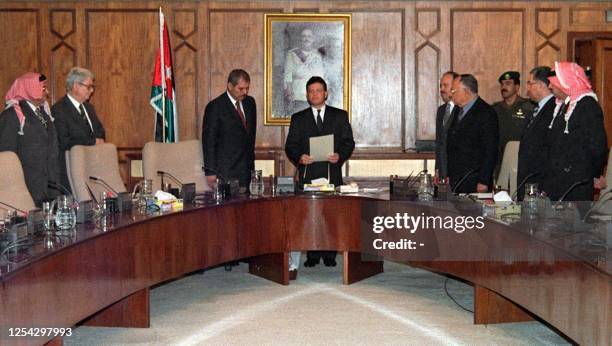 Jordan's Crown Prince Abdallah ibn Hussein is sworn in as regent during a cabinet meeting in Amman 06 February after his father, King Hussein, was...