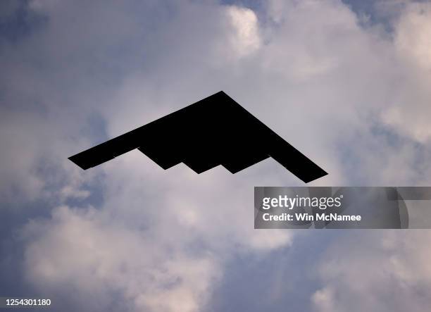 Northrop B-2 Spirit ,or Stealth bomber performs a flyover near the White House on July 04, 2020 in Washington, DC. U.S. President Donald Trump is...