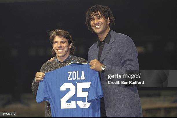 Chelsea new signing Gianfranco Zola meets the press with manager Ruud Gullit at Stamford Bridge in London. Mandatory Credit: Ben Radford/Allsport