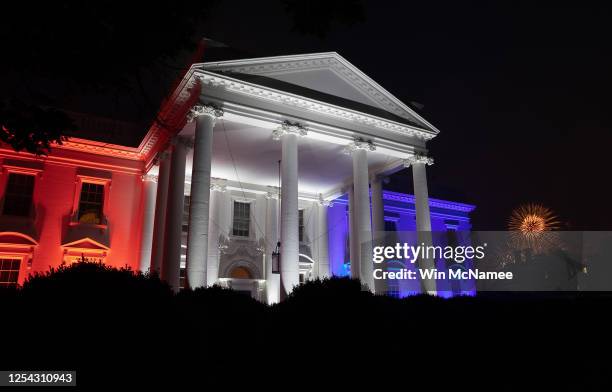 Fireworks explode over the White House as part of the Fourth of July celebration July 4, 2020 in Washington, DC. President Trump is hosting a “Salute...