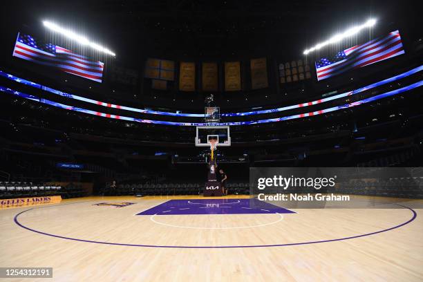 View of the court before Game Six of the Western Conference Semi-Finals of the 2023 NBA Playoffs between the Golden State Warriors and the Los...