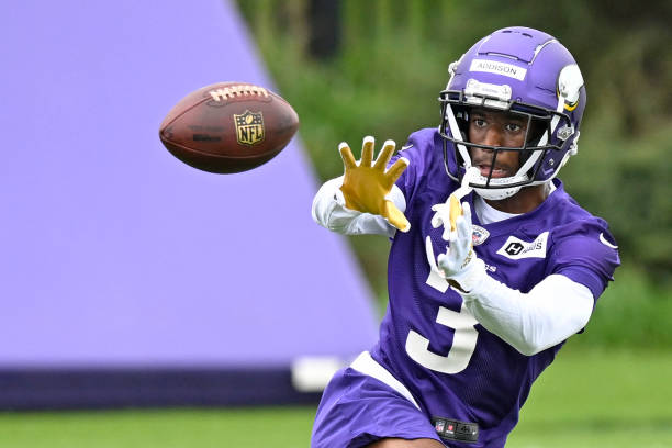 Minnesota Vikings Wide Receiver Jordan Addison makes a catch during the first day of Minnesota Vikings Rookie Mini-camp at TCO Performance Center on...