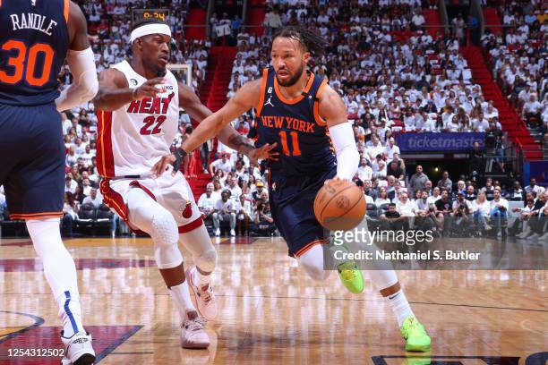 Jalen Brunson of the New York Knicks dribbles the ball during the game against the Miami Heat during Game 6 of the 2023 NBA Playoffs Eastern...