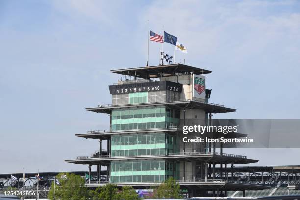 Flags wave atop The Pagoda during practice for the NTT IndyCar GMR Grand Prix on May 12 at Indianapolis Motor Speedway Road Course in Indianapolis,...