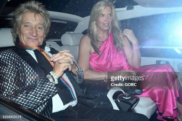 Rod Stewart and Penny Lancaster seen leaving Annabel's club in Mayfair on July 04, 2020 in London, England.