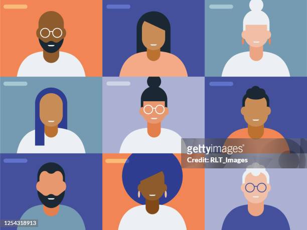 ilustrações de stock, clip art, desenhos animados e ícones de illustration of faces on video conference call screen - digital collaboration