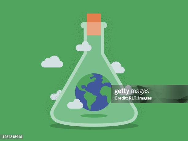 illustrazioni stock, clip art, cartoni animati e icone di tendenza di illustrazione del pianeta terra all'interno del pallone da laboratorio - indagini di clima