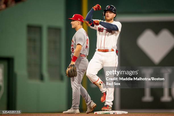 Alex Verdugo of the Boston Red Sox reacts after hitting a double during the fourth inning of a game against the St. Louis Cardinals on May 12, 2023...