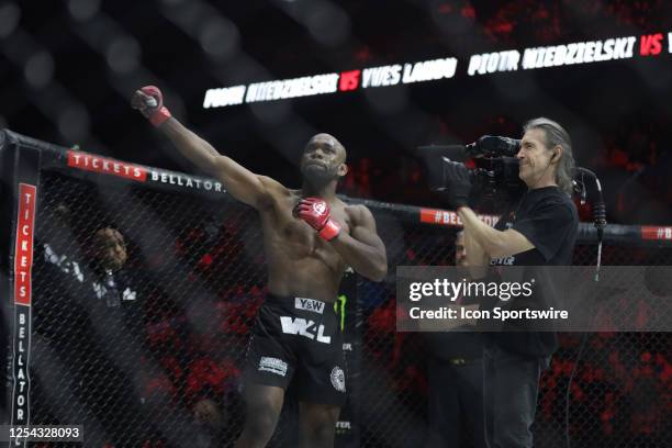 Yves Landu gets inside the cage for his featherweight fight during the Bellator 296 event at Accor Arena on May 12, 2023 in Paris, France.