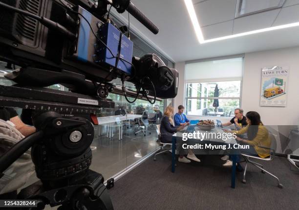 Los Angeles Rams business executives Marissa Daly, left, Vice President and General Manager of Rams Studios; Dan August, Executive Vice President of...