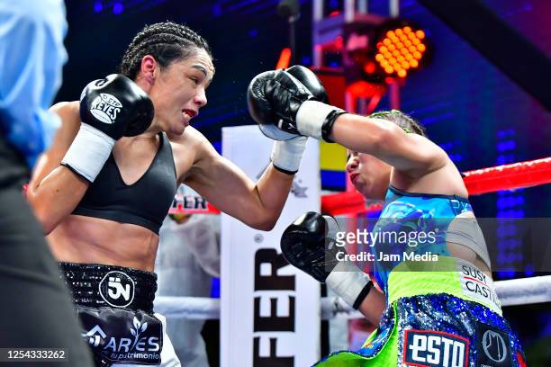 Jackie 'Princesa' Nava in action against Estrella 'Chacala' Valverde during an unofficial fight at TV Azteca as part of Volvemos con Punch TV show on...