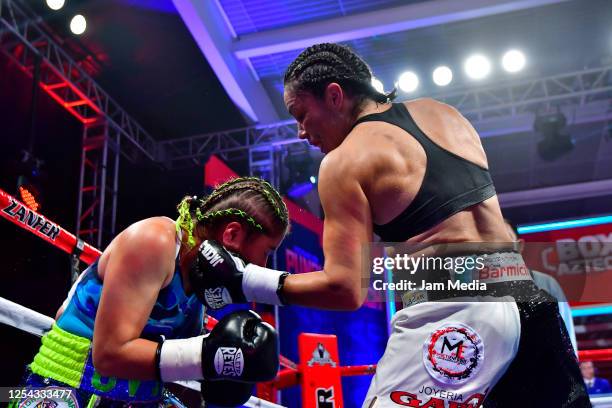 Estrella 'Chacala' Valverde in action against Jackie 'Princesa' Nava during an unofficial fight at TV Azteca as part of Volvemos con Punch TV show on...