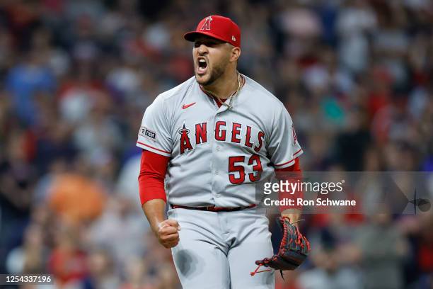 Carlos Estevez of the Los Angeles Angels celebrates a 5-4 win against the Cleveland Guardians at Progressive Field on May 12, 2023 in Cleveland, Ohio.