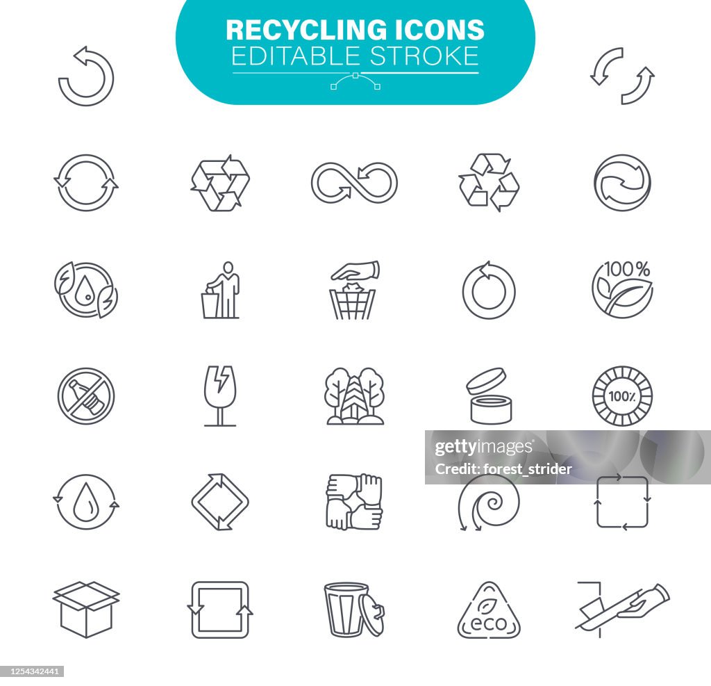 Recycling Icons. Set contains such icon as Package, Plastic, Organic Waste, Bottle, Ecosystem, Outline, Illustration