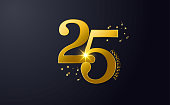 Happy 25th Anniversary Background Template. For Celebration, Invitation Card, And Greeting Card Or Wedding Anniversary. With Black And Gold Colour. Vector Illustration