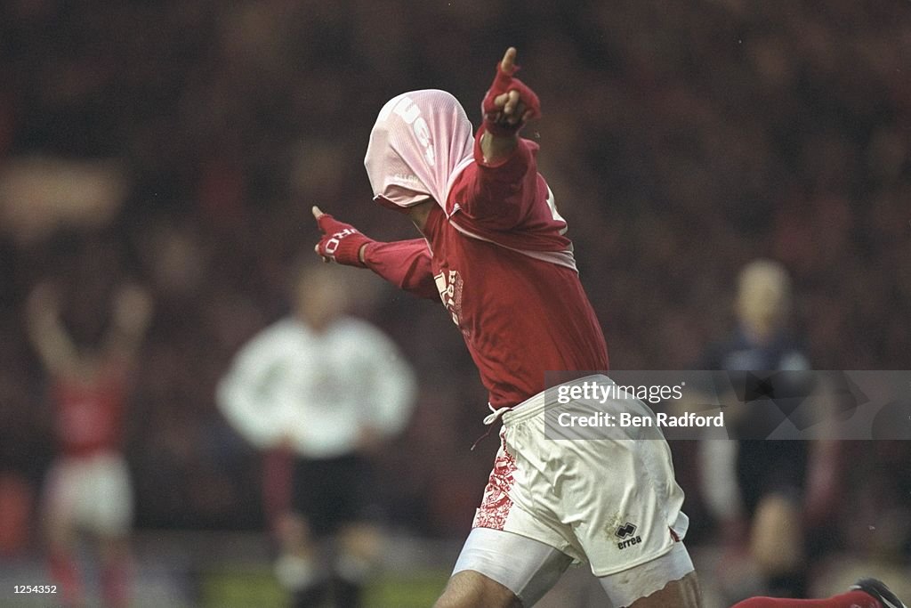 Fabrizio Ravenelli of Middlesbrough celebrates scoring in his usual style