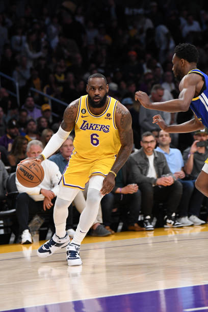 LeBron James of the Los Angeles Lakers dribbles the ball during Game Six of the Western Conference Semi-Finals of the 2023 NBA Playoffs against the...