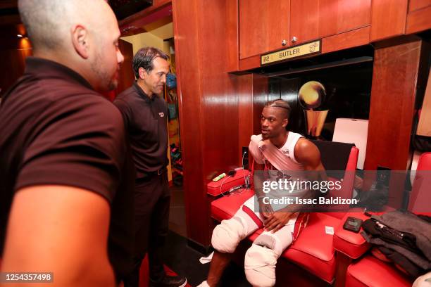 Head Coach Erik Spoelstra and Jimmy Butler of the Miami Heat talks after Game 6 of the 2023 NBA Playoffs Eastern Conference Semi-Finals on May 12,...