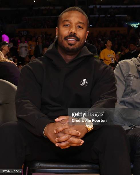 Actor Michael B. Jordan poses for a photo in Game Six of the Western Conference Semi-Finals of the 2023 NBA Playoffs between Golden State Warriors...