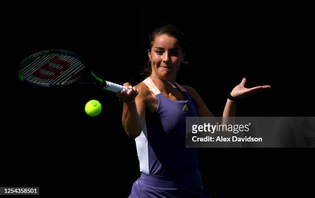 Jodie Burrage hits a forehand during the British Tour Women's Final between Jodie Burrage and Emma Raducanu on Day Four of The British Tour at...