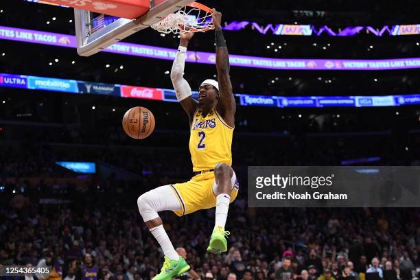 Jarred Vanderbilt of the Los Angeles Lakers dunks the ball during Game Six of the Western Conference Semi-Finals of the 2023 NBA Playoffs against the...